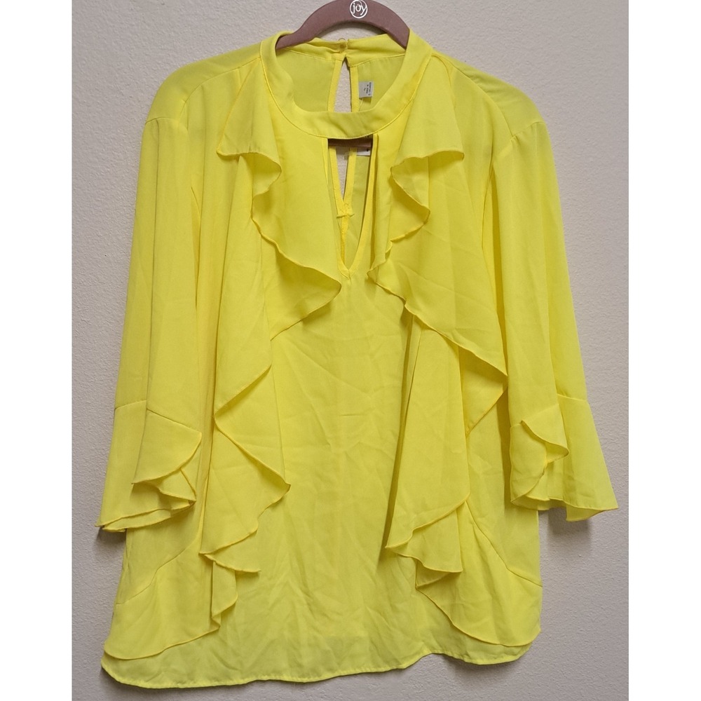 Sweet Pea New York & Co Yellow Ruffle Blouse XL Sheer Chiffon Keyhole Top Flowy